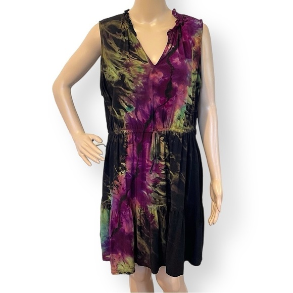 Hand Crafted Dresses & Skirts - Handmade tie dye dress ruffle sleeveless lightning galaxy XXL purple